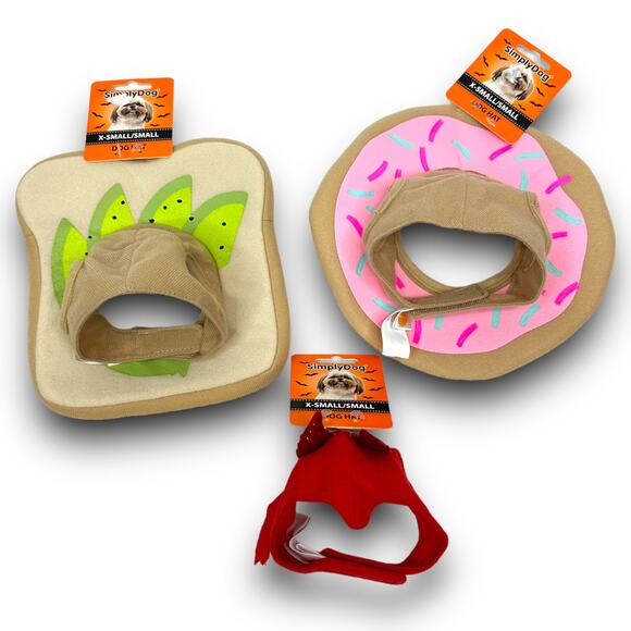 NEW Bundle of Dog Pet Headpieces Hats Avocado Toast Bread Donut Devil XS Small - Picture 1 of 3